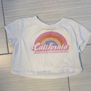GB girls White Crop Tee with Pink Orange Blue Rainbow "California" Graphic